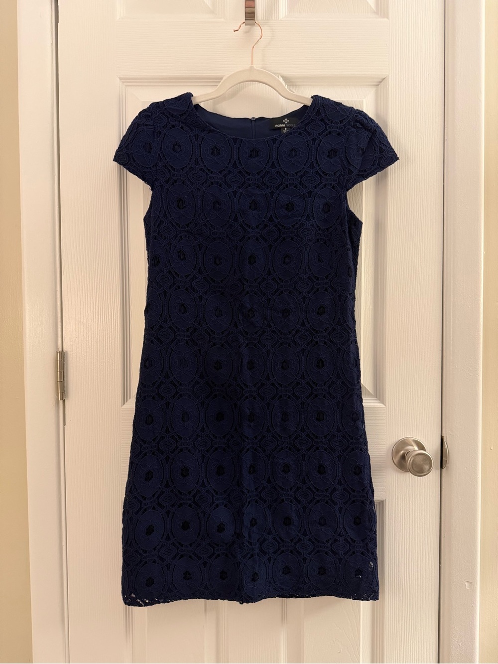 Ronni Nicole Navy Blue Lace Crochet Cotton Shift Mini Dress 6